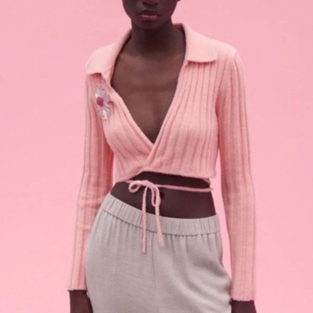 Zara Ribbed Wrap Collared Knit Top - Picture 4 of 4